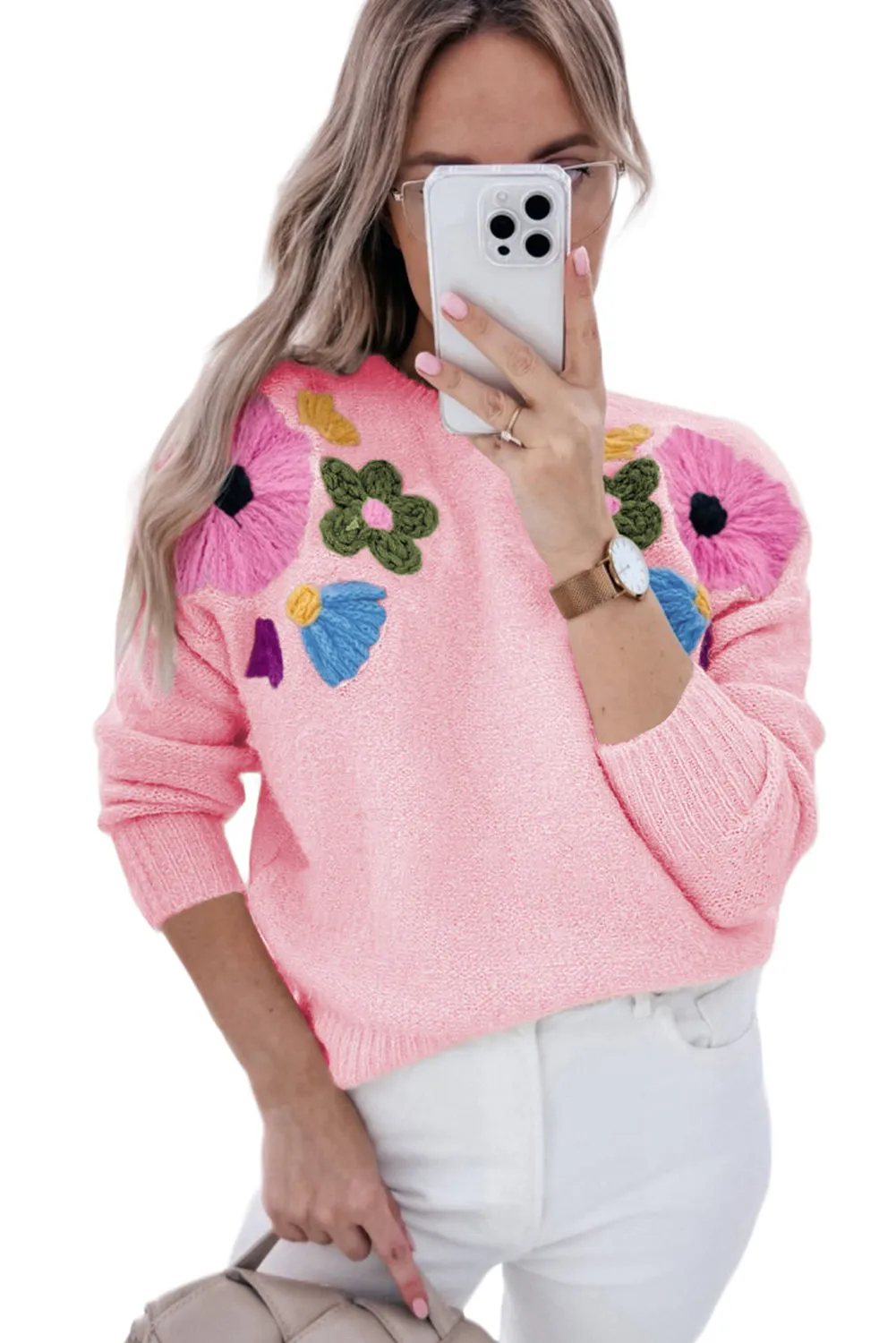 Light Blue Flower Pattern Ribbed Edge Sweater