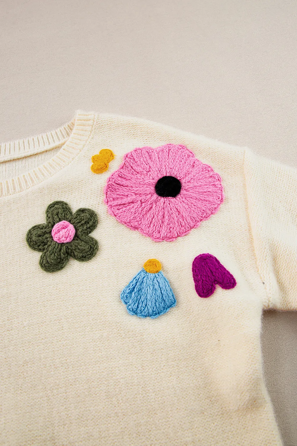 Light Blue Flower Pattern Ribbed Edge Sweater