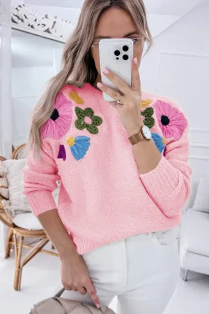 Light Blue Flower Pattern Ribbed Edge Sweater