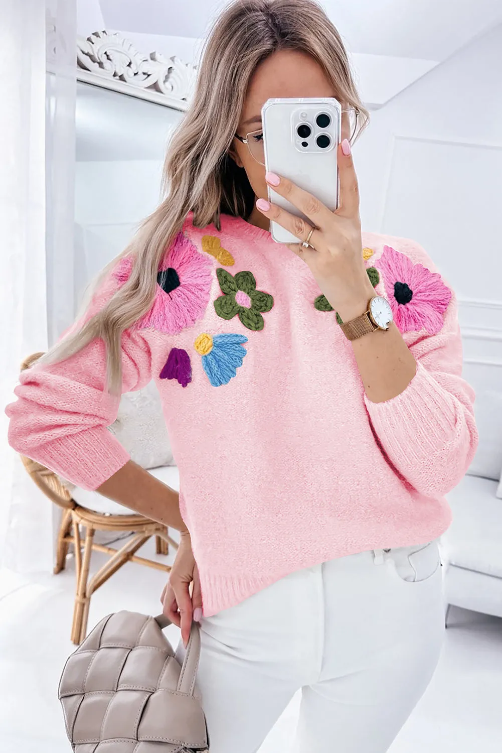 Light Blue Flower Pattern Ribbed Edge Sweater