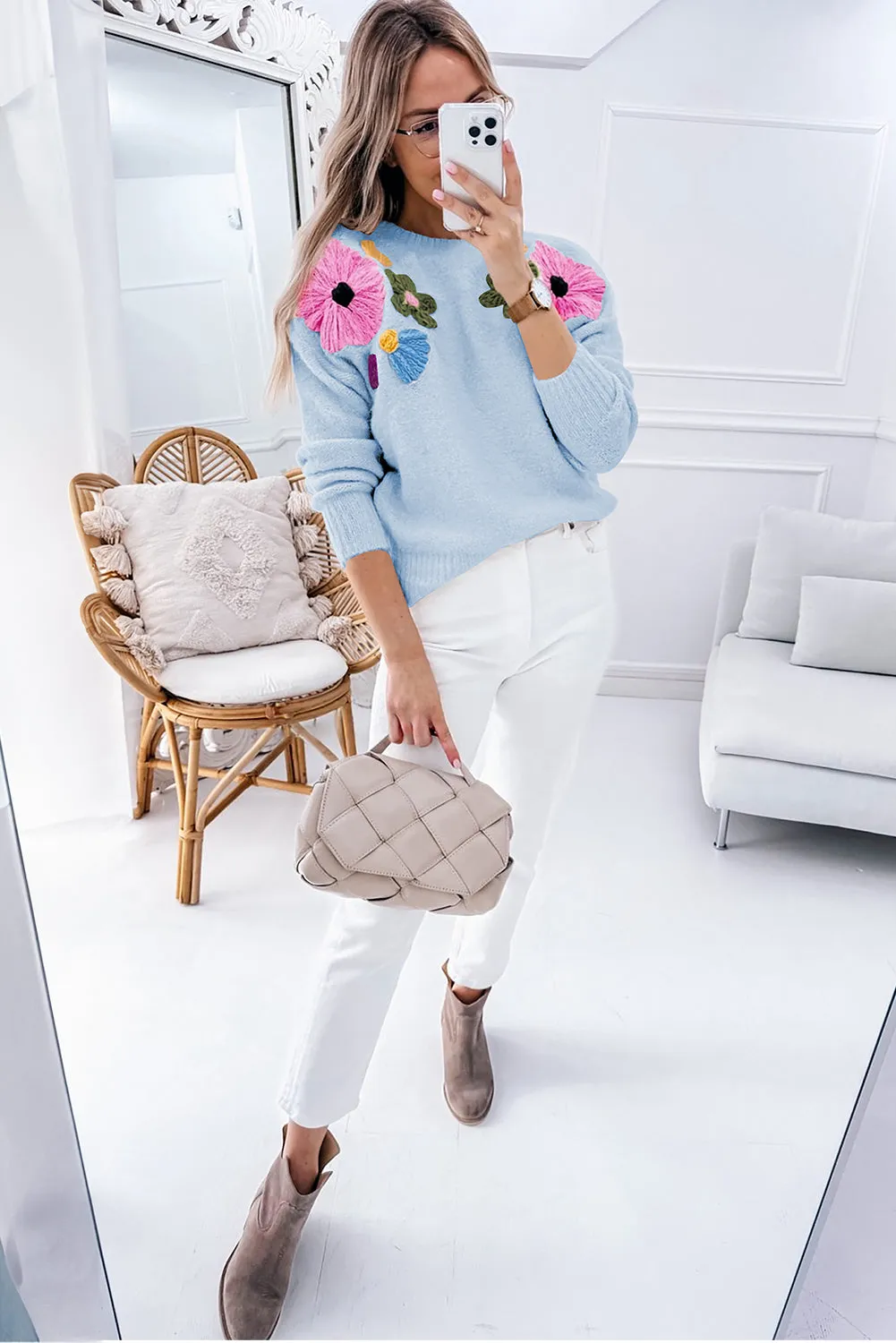 Light Blue Flower Pattern Ribbed Edge Sweater