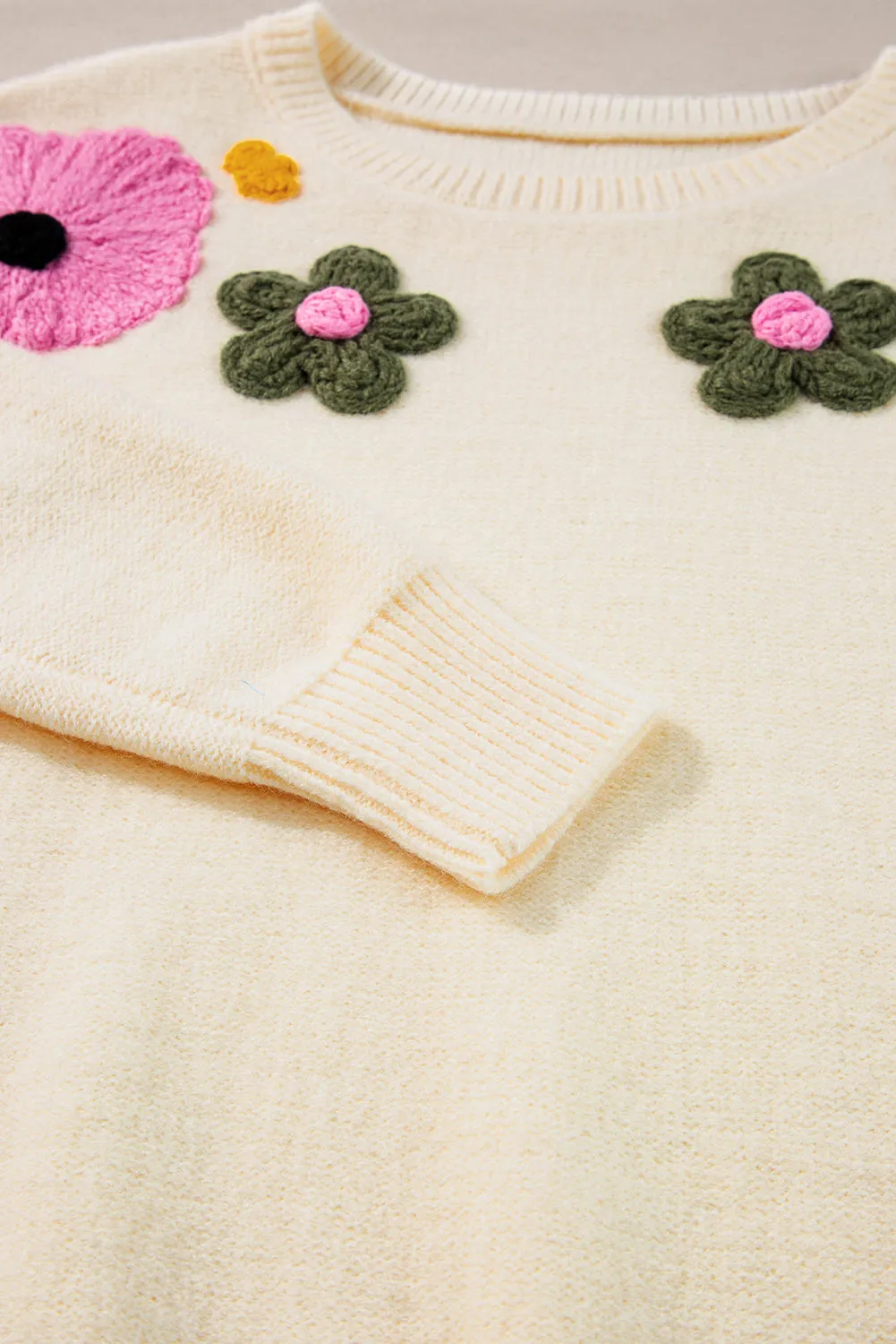 Light Blue Flower Pattern Ribbed Edge Sweater