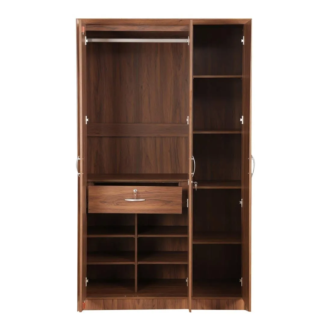 Light Brown Colour 3 Door Wardrobe, Drawer, Shelves and Hanging Space for Clothes