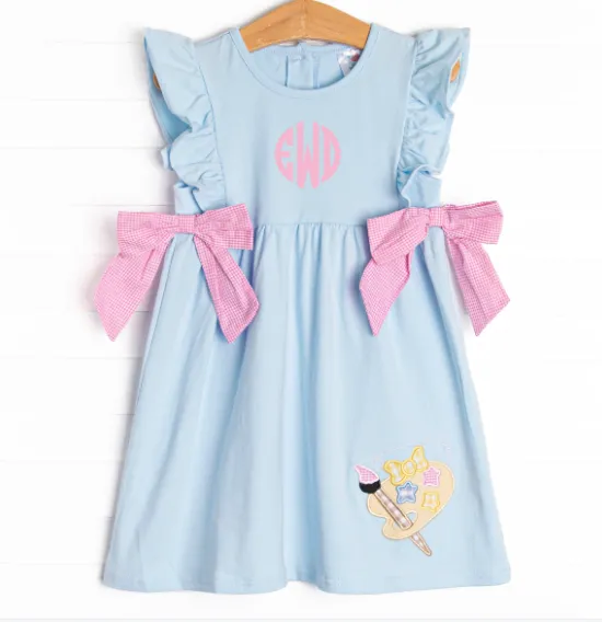 Little Artist Applique Side Tie Dress, Blue