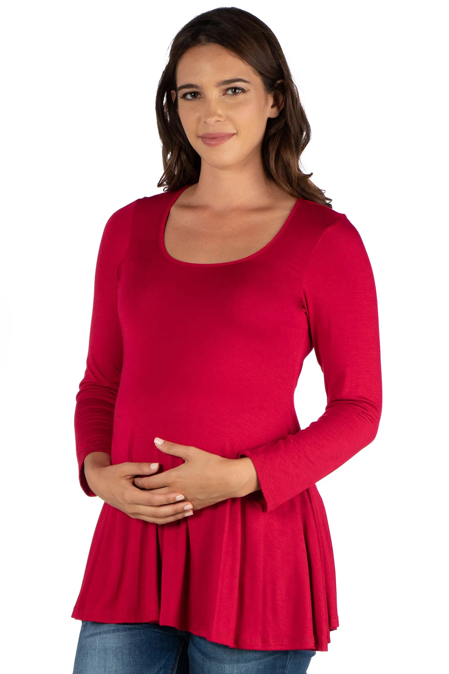Long Sleeve Solid Color Swing Style Flared Maternity Tunic Top