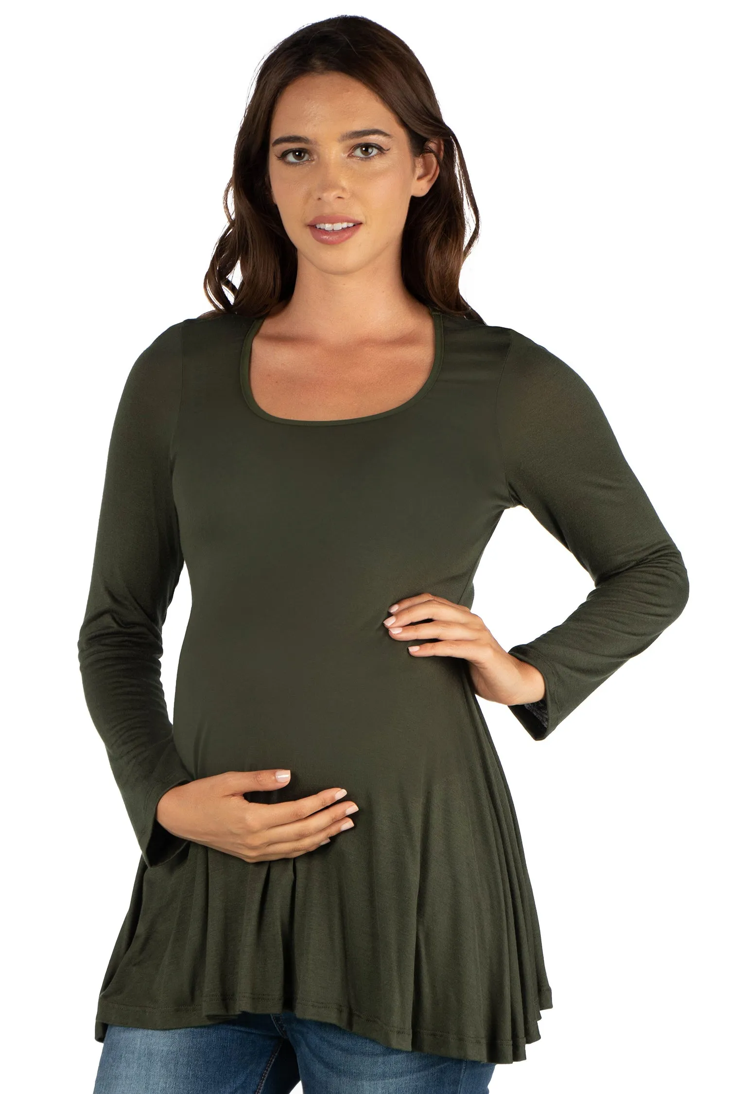 Long Sleeve Solid Color Swing Style Flared Maternity Tunic Top