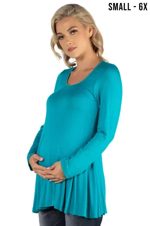Long Sleeve Solid Color Swing Style Flared Maternity Tunic Top