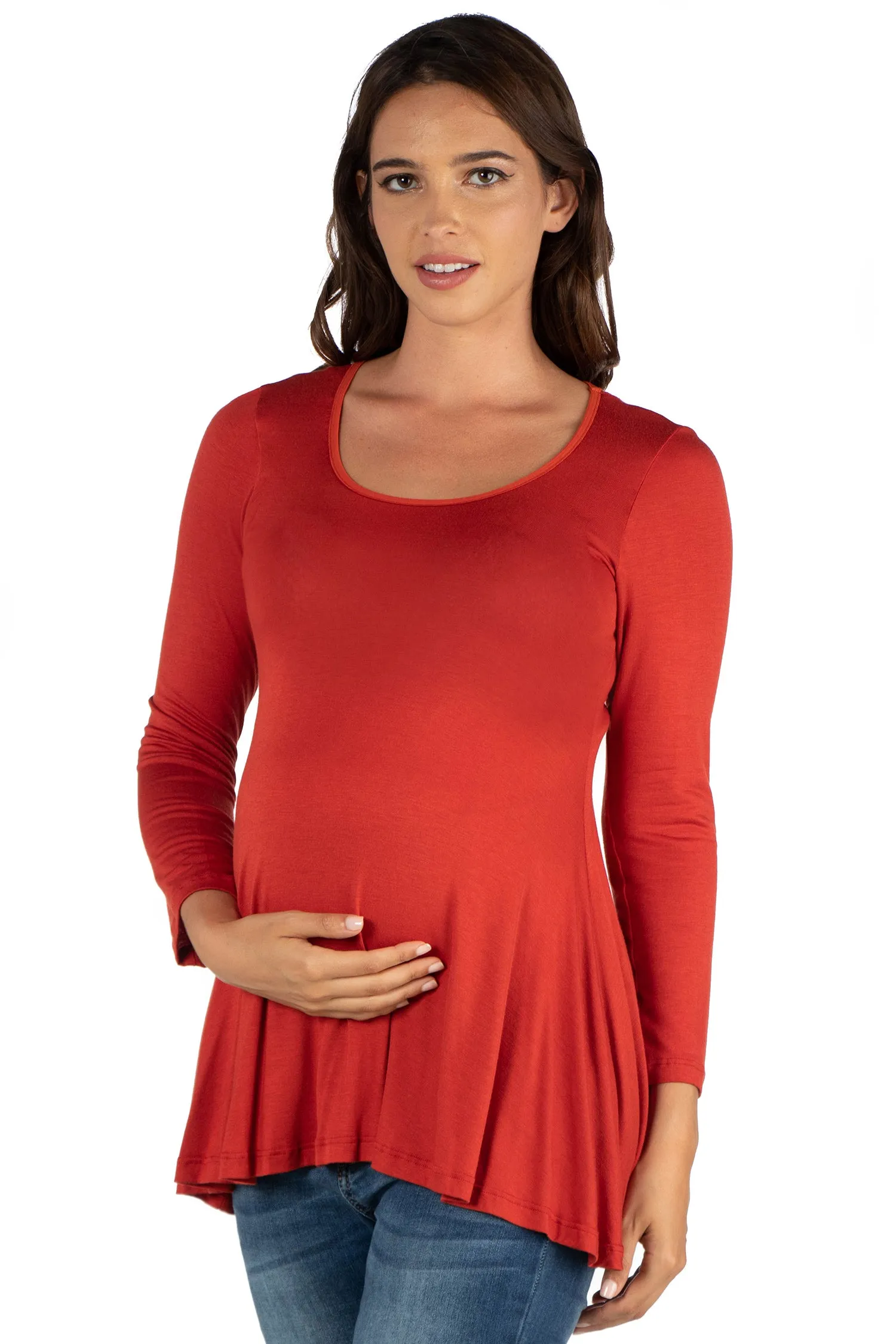 Long Sleeve Solid Color Swing Style Flared Maternity Tunic Top