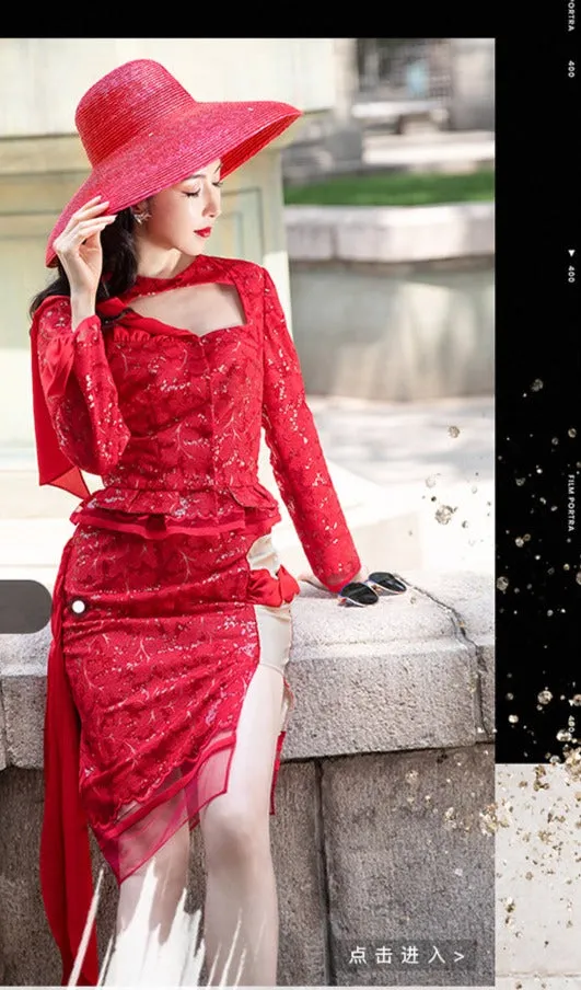 Magic Q gorgeous luxury red lace cutout autumn jacket- Imo