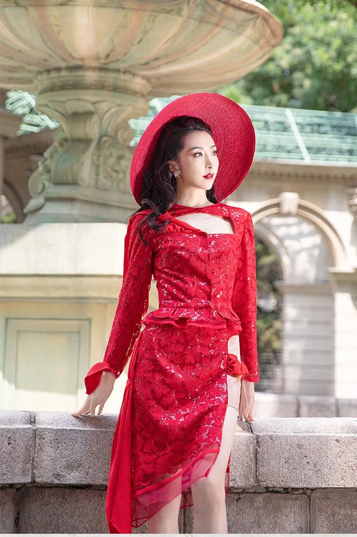 Magic Q gorgeous luxury red lace cutout autumn jacket- Imo