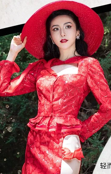 Magic Q gorgeous luxury red lace cutout autumn jacket- Imo