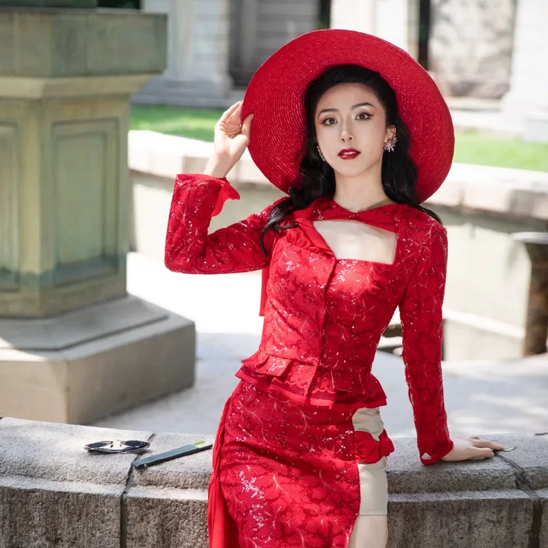Magic Q gorgeous luxury red lace cutout autumn jacket- Imo