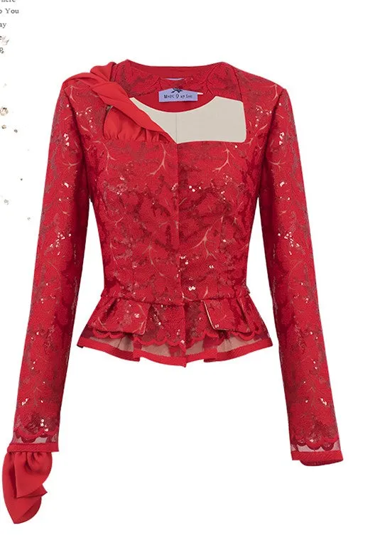 Magic Q gorgeous luxury red lace cutout autumn jacket- Imo