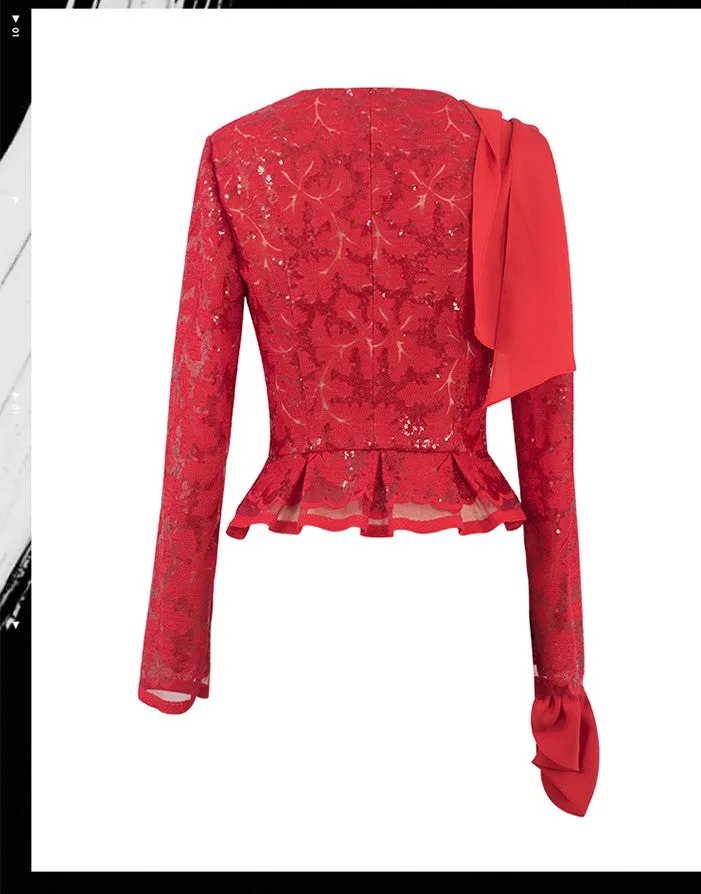 Magic Q gorgeous luxury red lace cutout autumn jacket- Imo