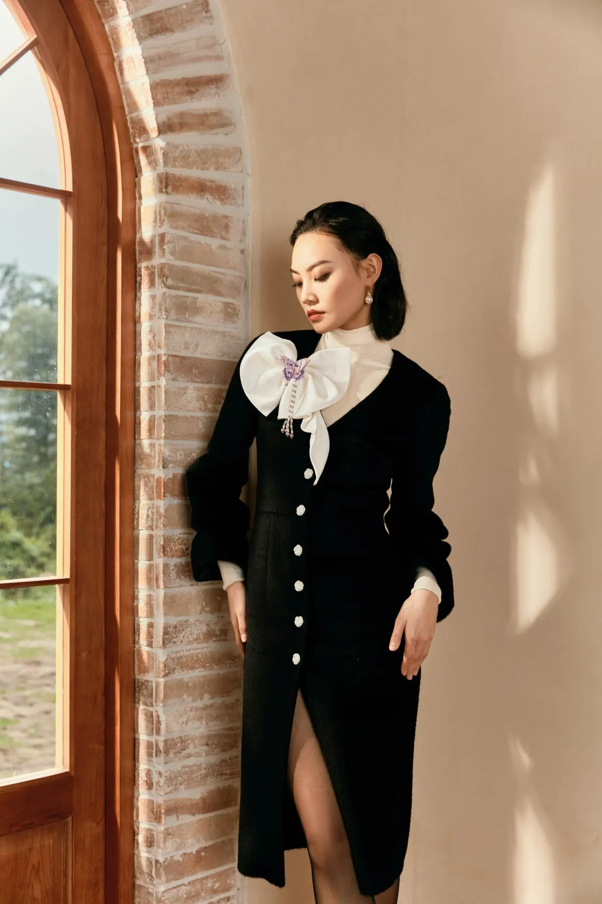 MagicQ black butterfly embroidery bead string tassel bow embellished tweed coat