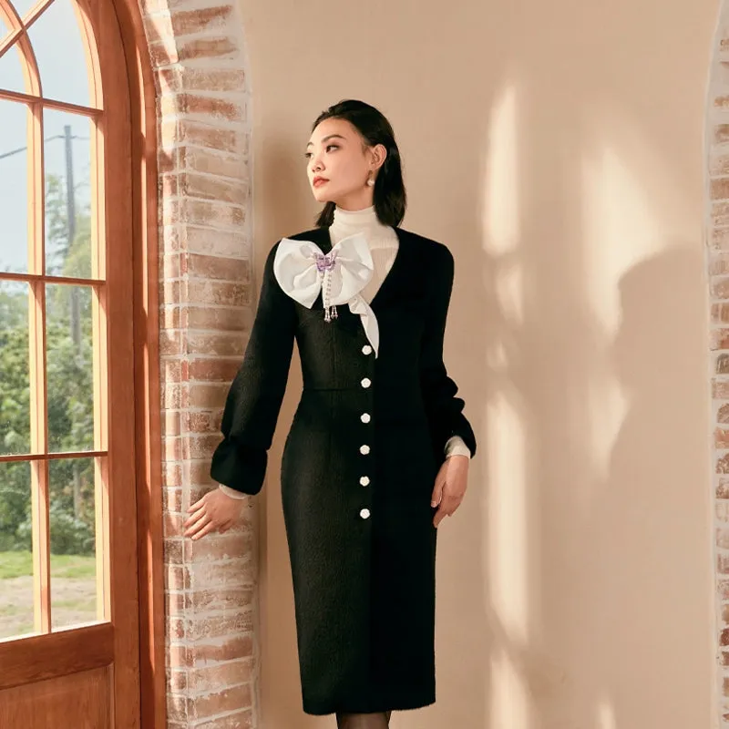 MagicQ black butterfly embroidery bead string tassel bow embellished tweed coat