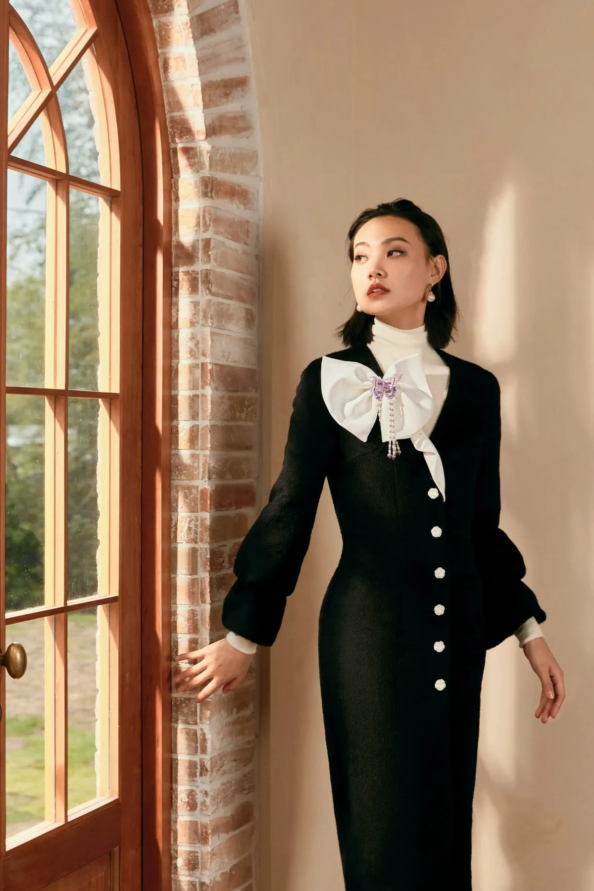 MagicQ black butterfly embroidery bead string tassel bow embellished tweed coat