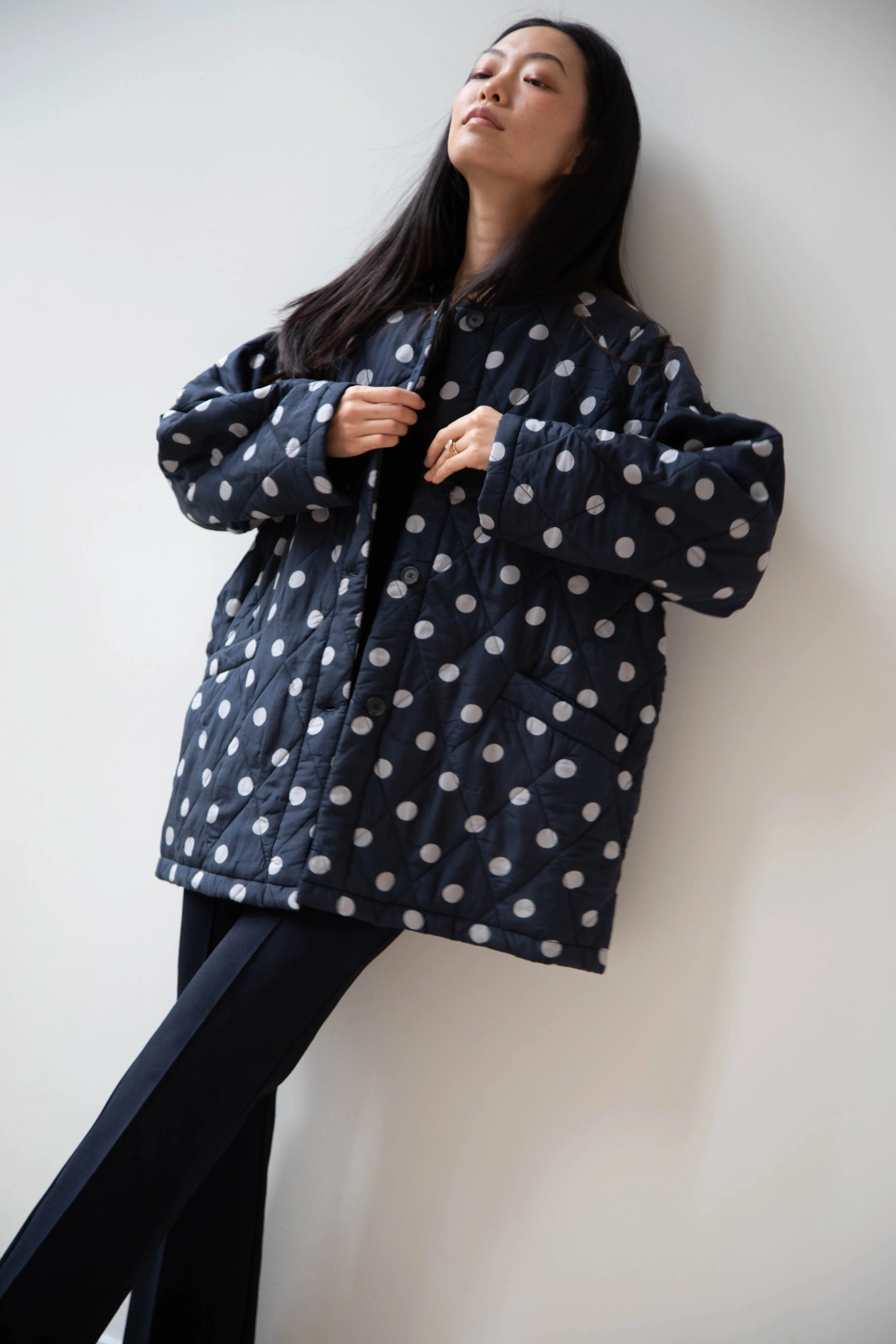 Maison de Soil | Quilted Dot Coat in Navy