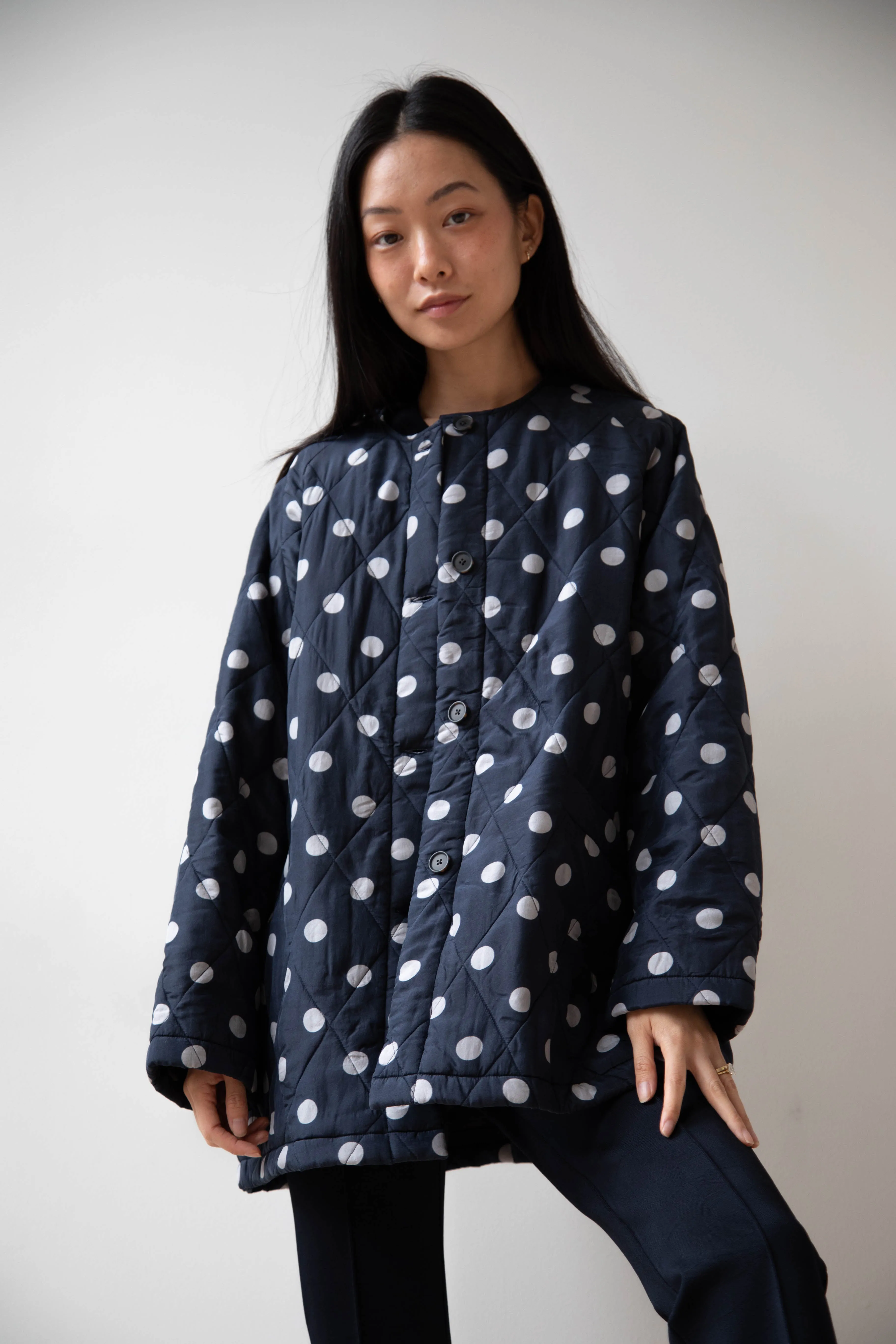 Maison de Soil | Quilted Dot Coat in Navy