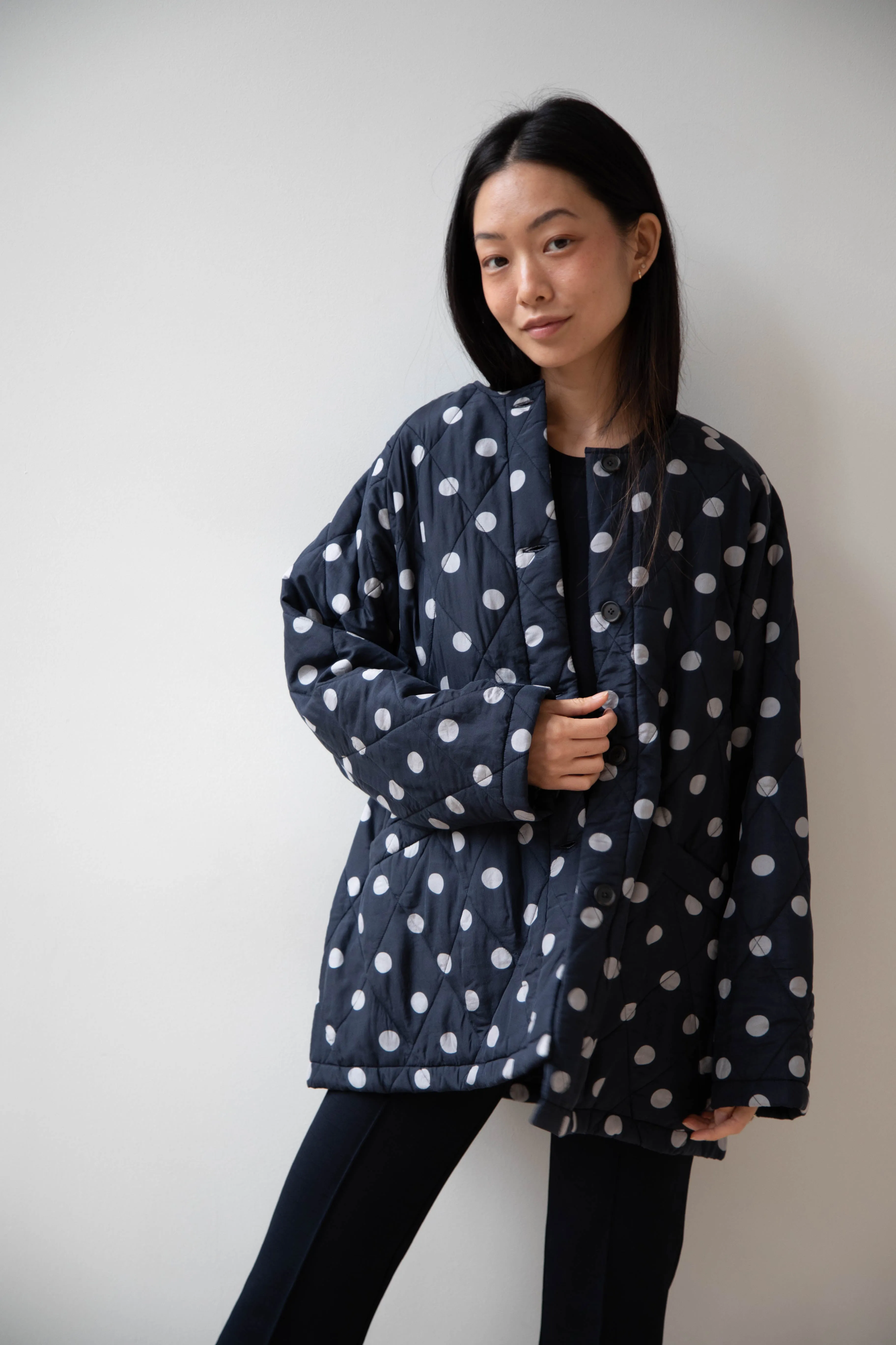 Maison de Soil | Quilted Dot Coat in Navy