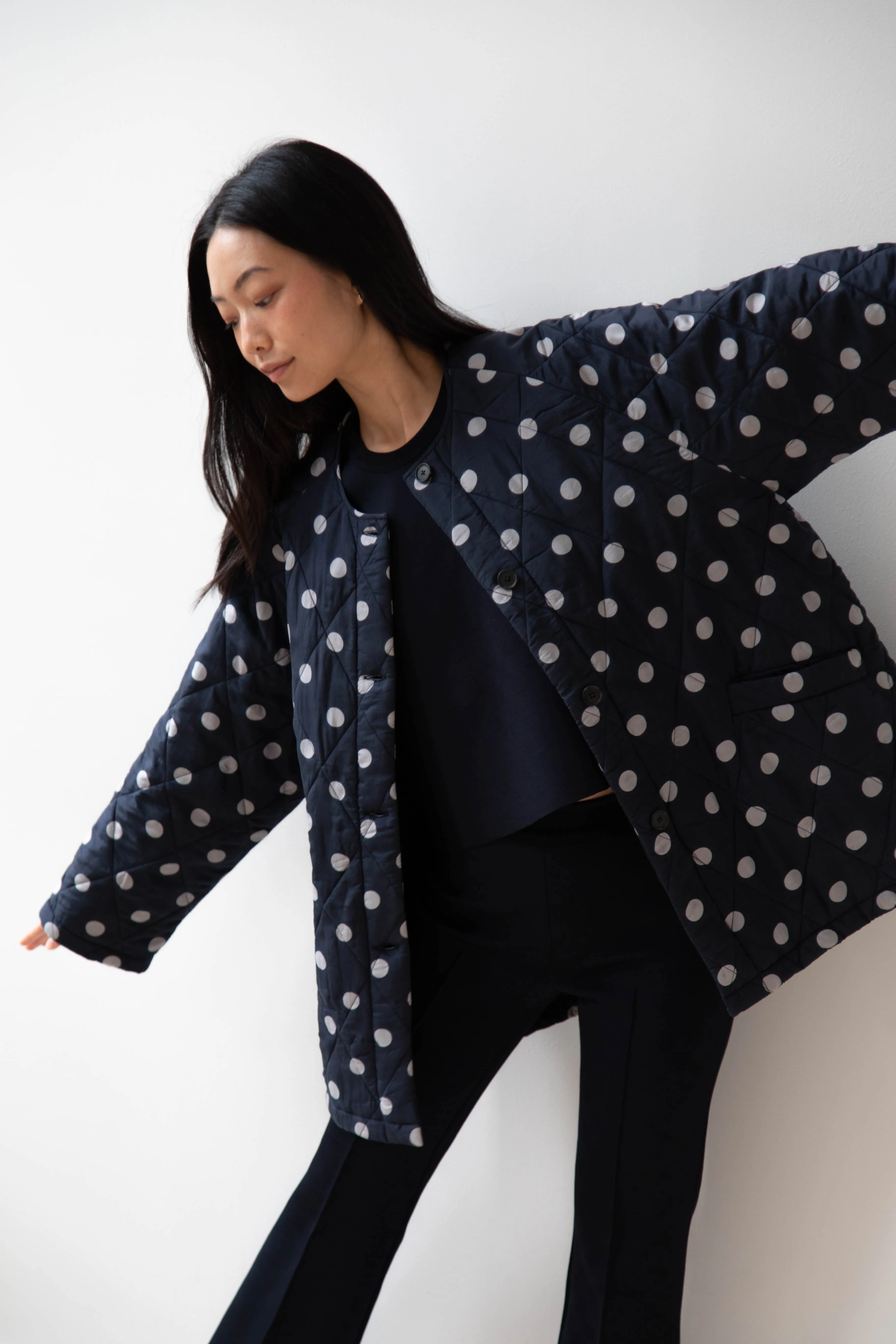 Maison de Soil | Quilted Dot Coat in Navy