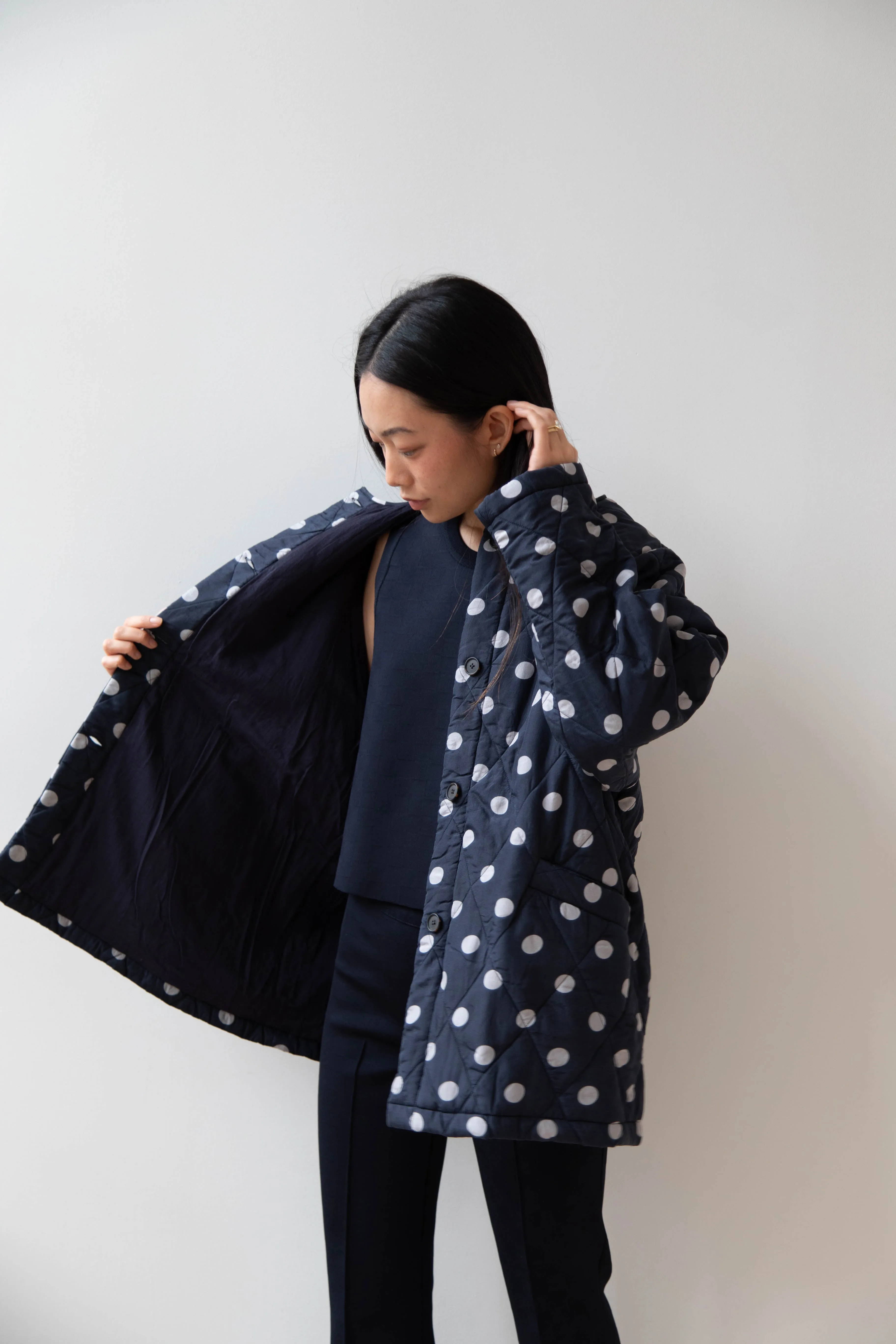 Maison de Soil | Quilted Dot Coat in Navy