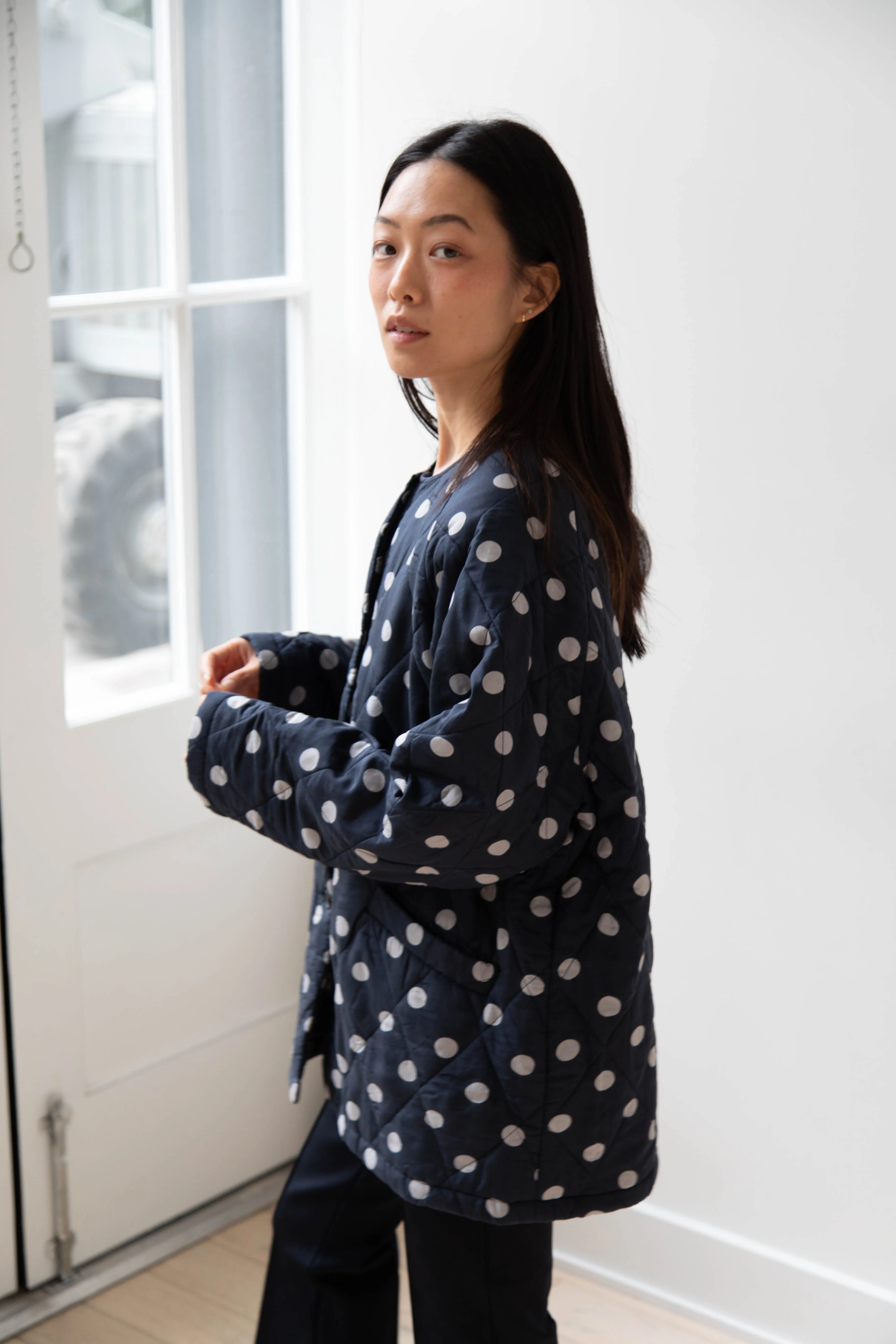 Maison de Soil | Quilted Dot Coat in Navy