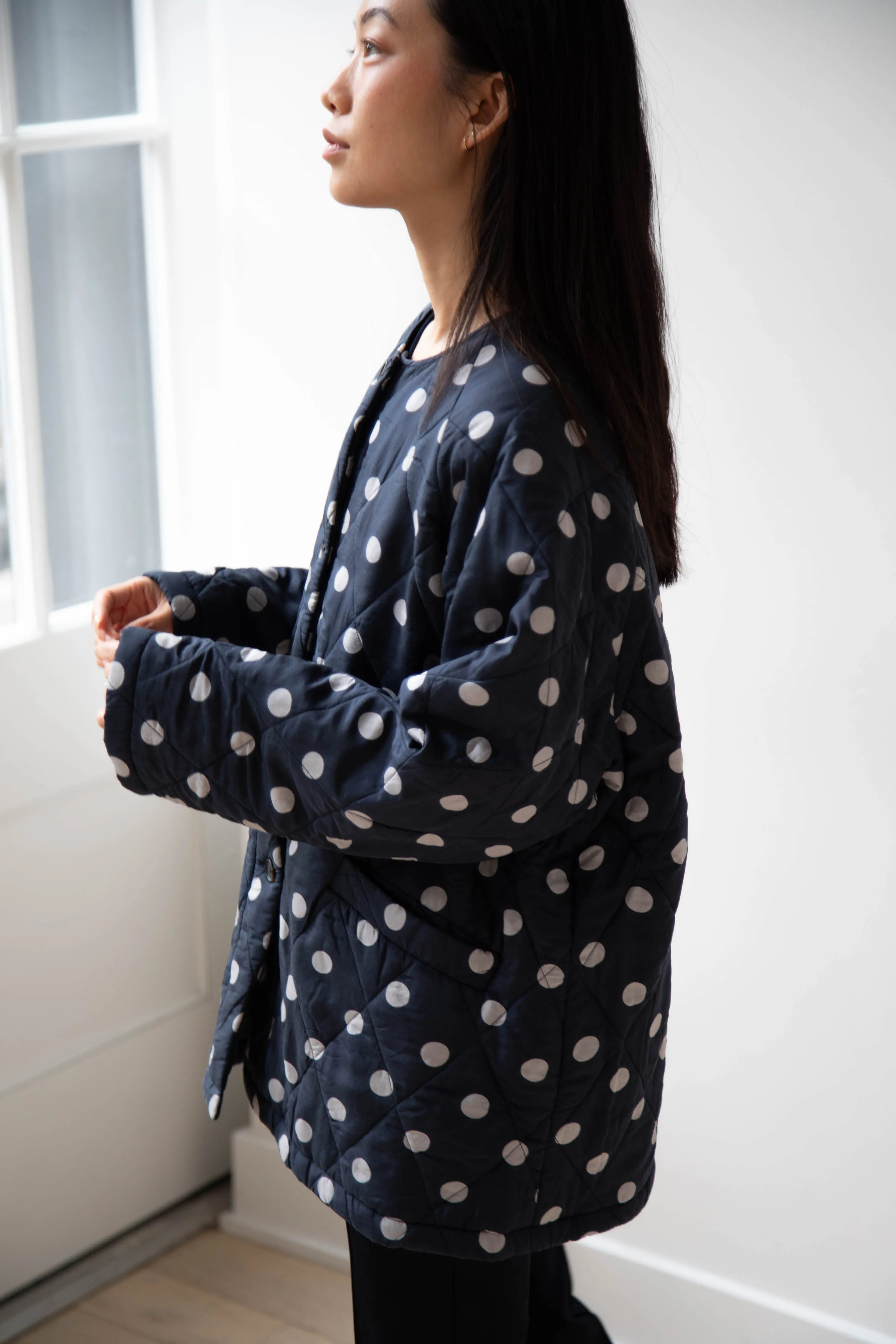 Maison de Soil | Quilted Dot Coat in Navy