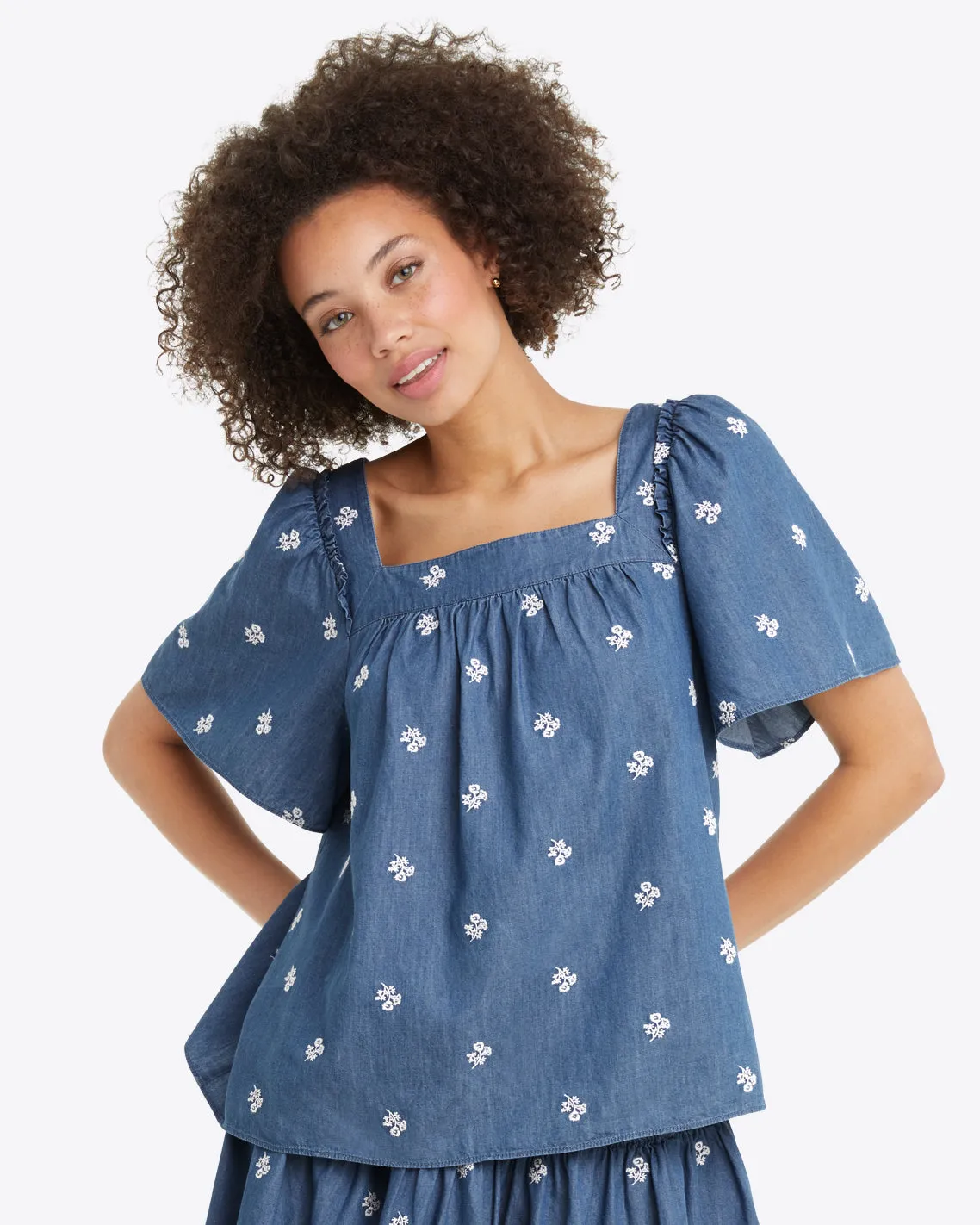 Maren Top in Embroidered Chambray
