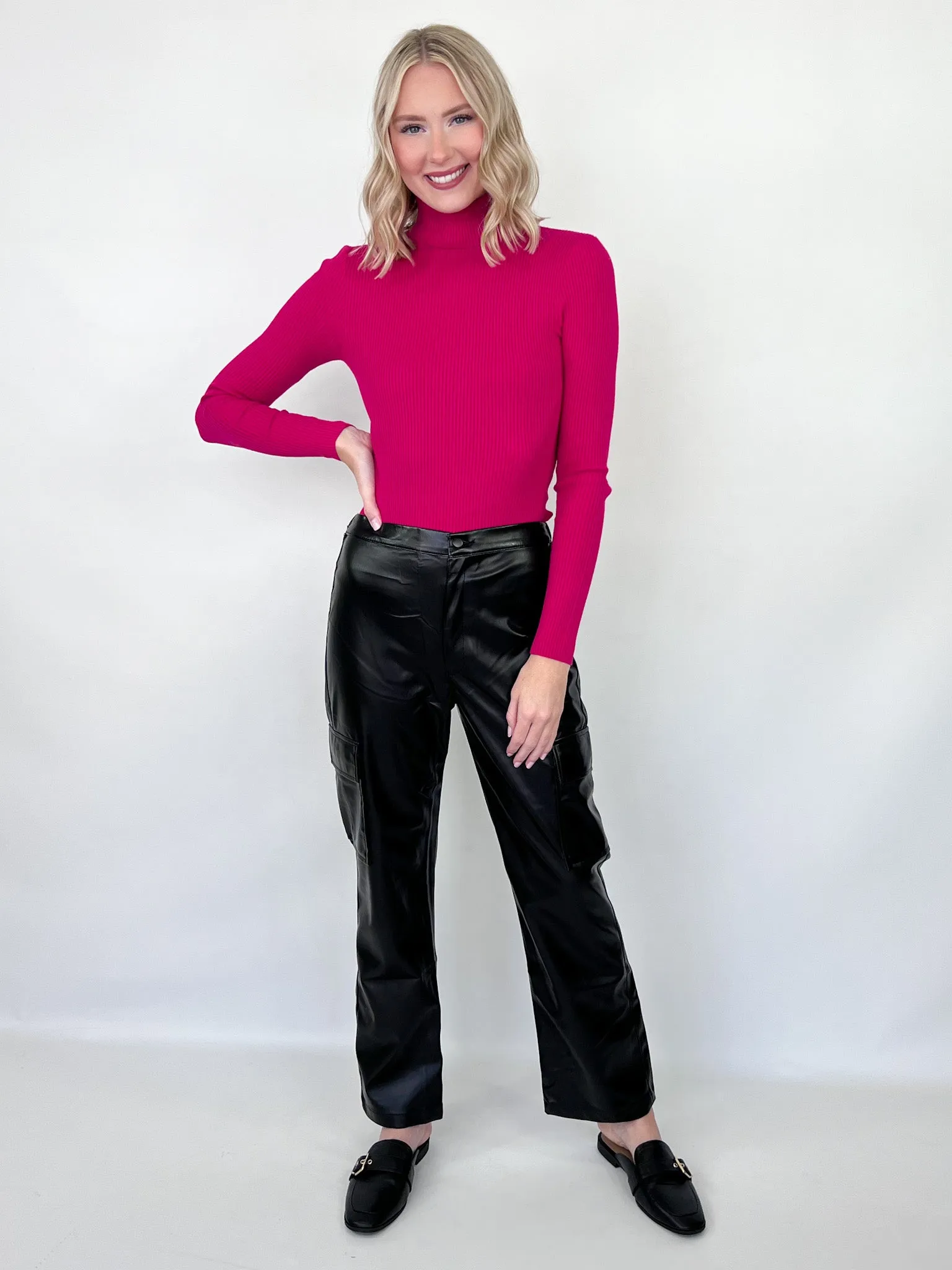 Melanie - Turtle Neck Fitted Ribbed Sweater (Hot Pink)
