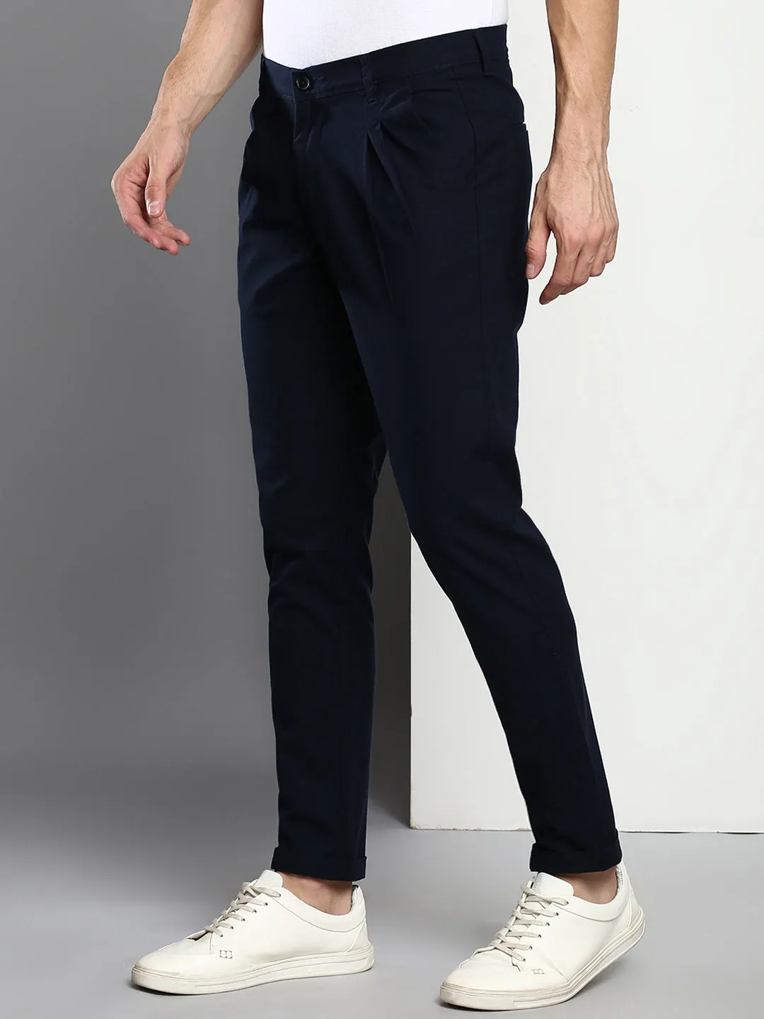 Men's Cotton Trouser Slim Fit Navy  Mid Rise Waist With Four Pockets (B801_Navy_28)