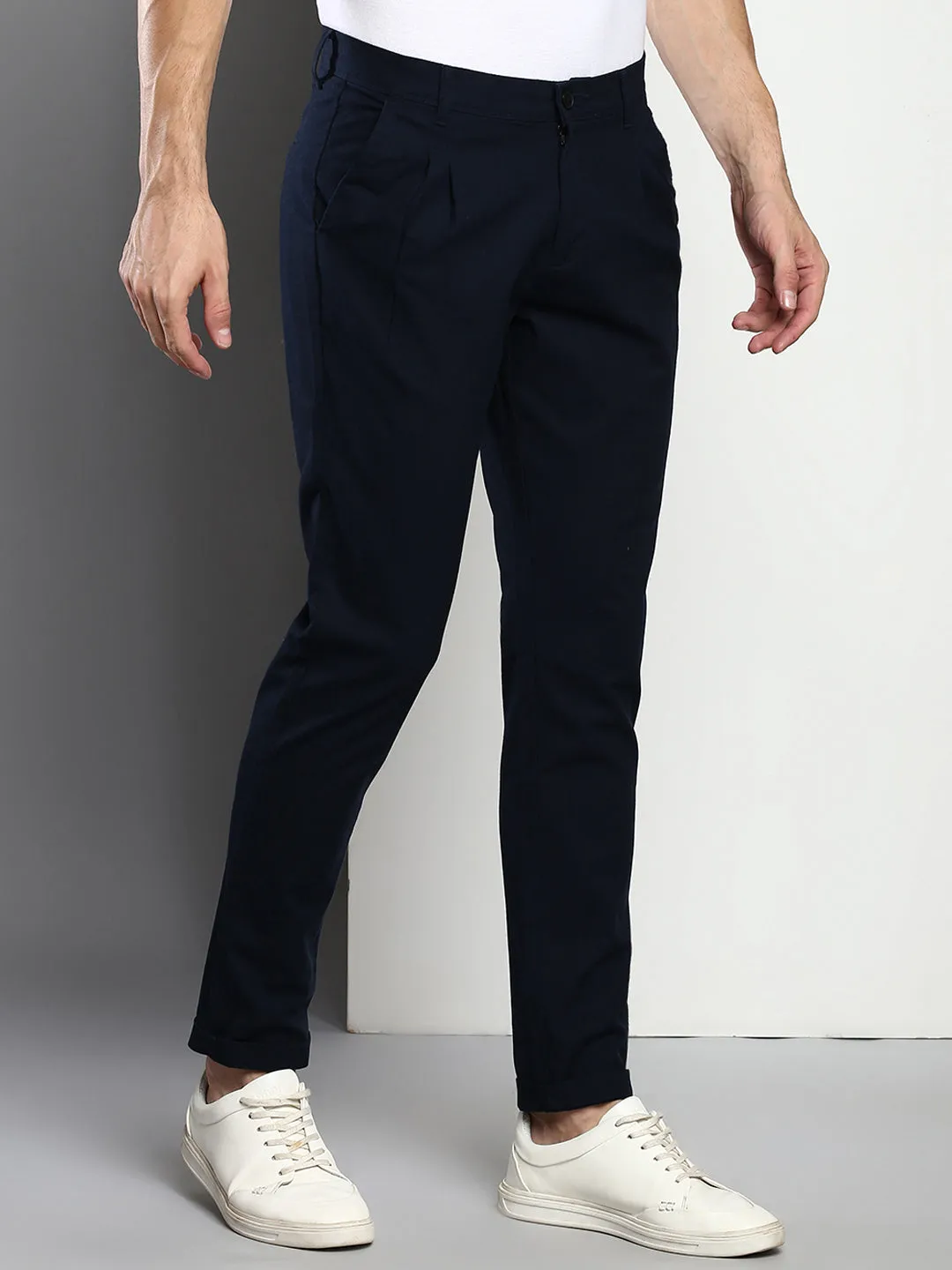 Men's Cotton Trouser Slim Fit Navy  Mid Rise Waist With Four Pockets (B801_Navy_28)