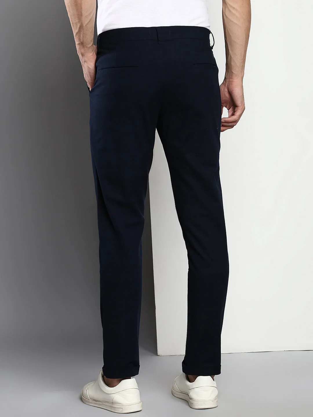 Men's Cotton Trouser Slim Fit Navy  Mid Rise Waist With Four Pockets (B801_Navy_28)
