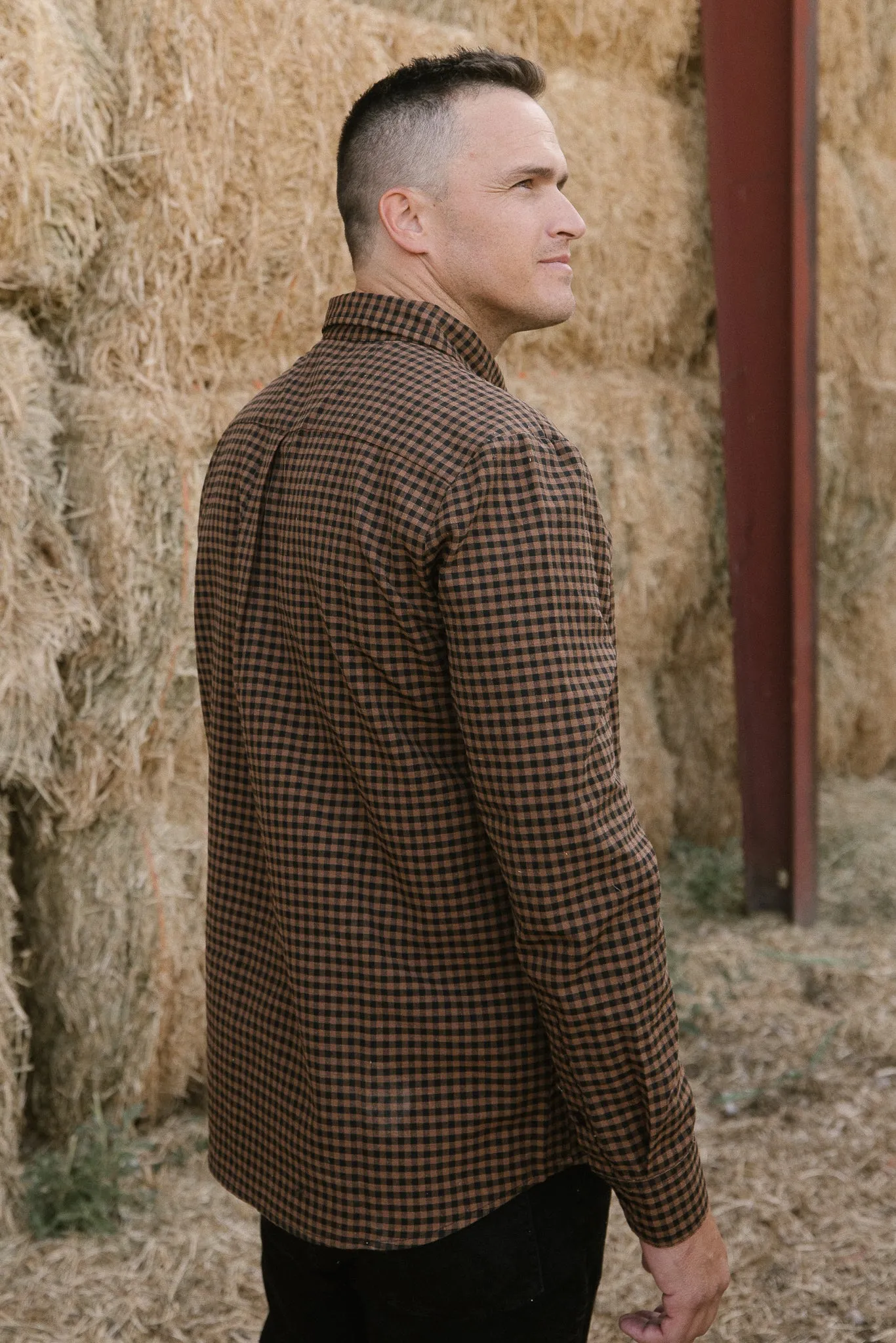 Mens John Shirt in Maple Brown Gingham - FINAL SALE
