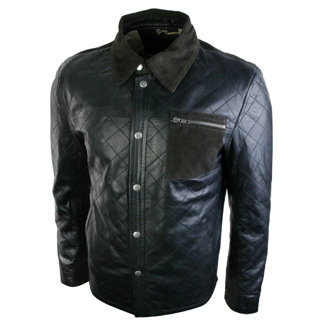 Men's Leather Hunter Safari Quilted Jacket Soft Brown Suede Patch