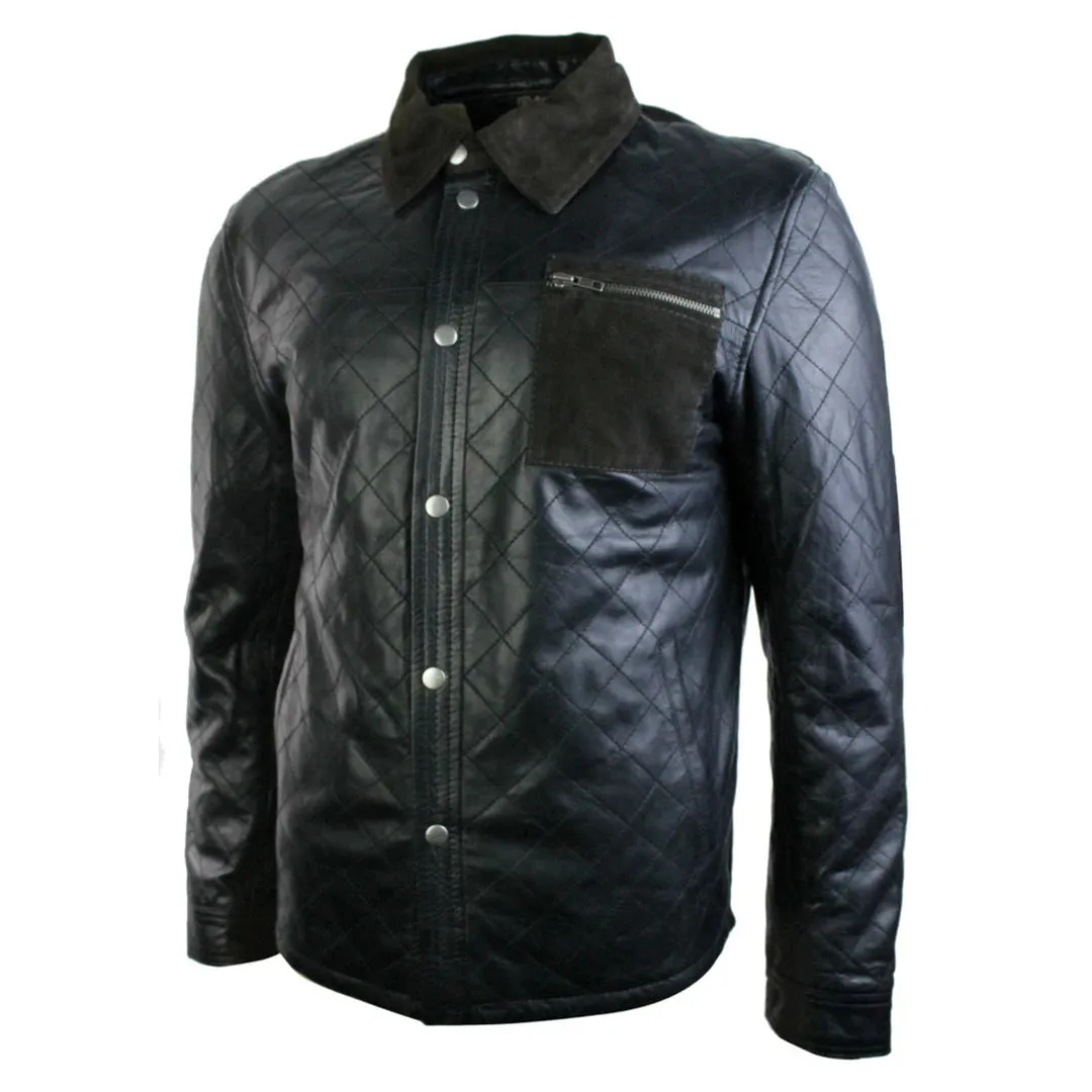 Men's Leather Hunter Safari Quilted Jacket Soft Brown Suede Patch