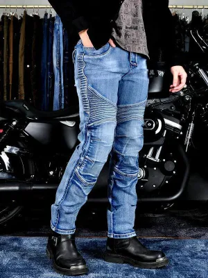 Men's Motorcycle Denim Pants Retro Casual Anti-Fall Trousers Elastic Riding Pants All-Season