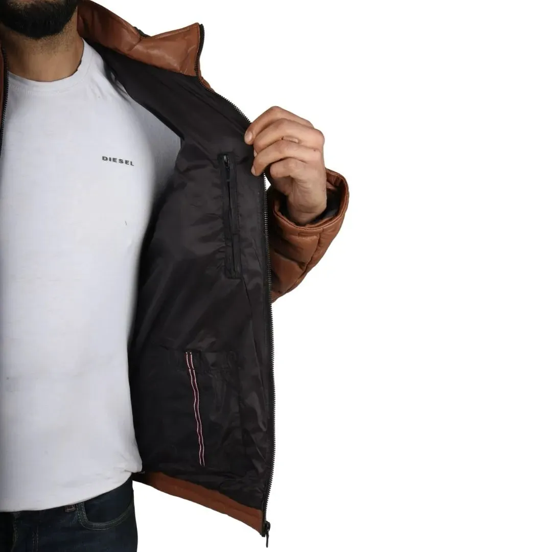 Men's Puffer Quilted Real Leather Hooded Jacket