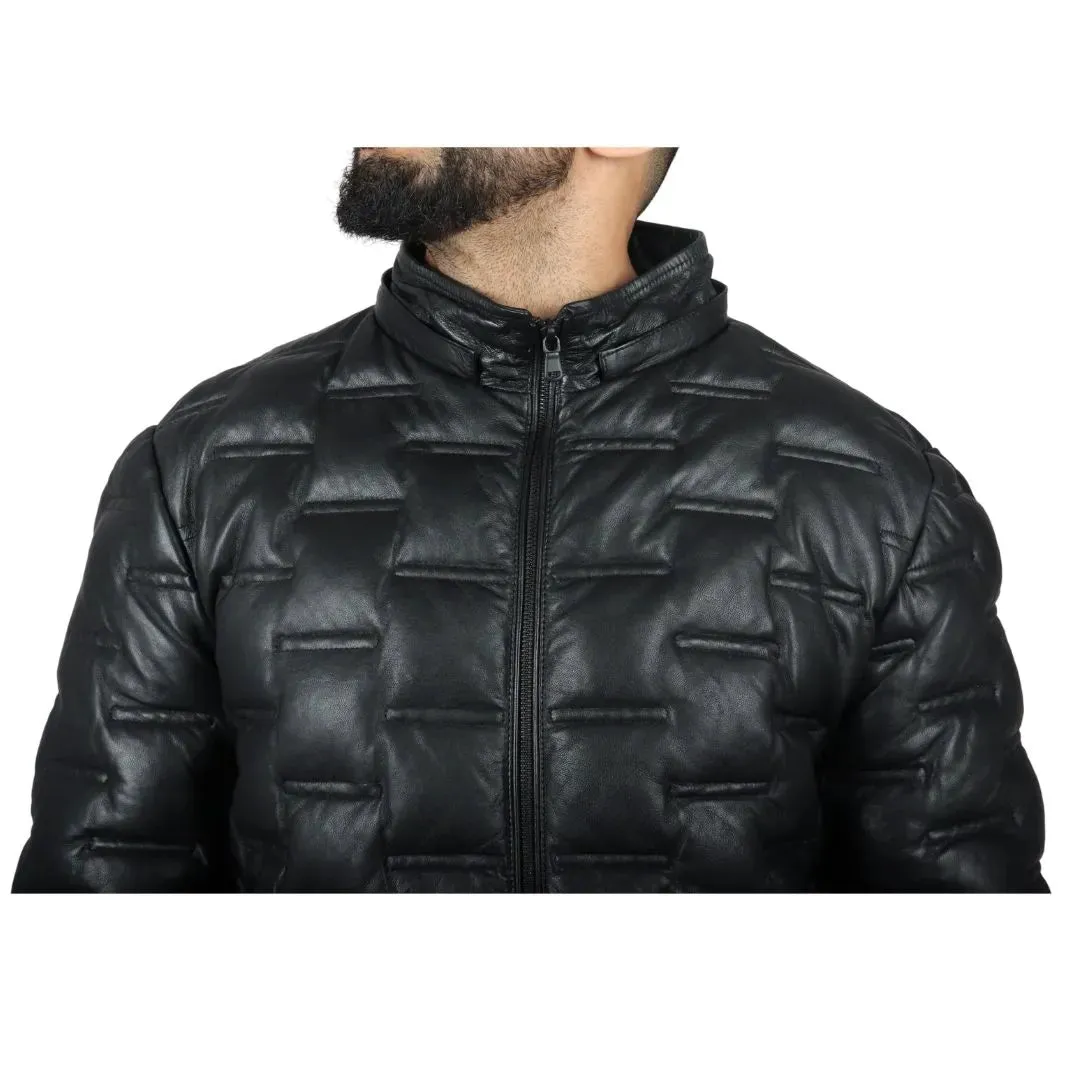 Men's Puffer Quilted Real Leather Hooded Jacket