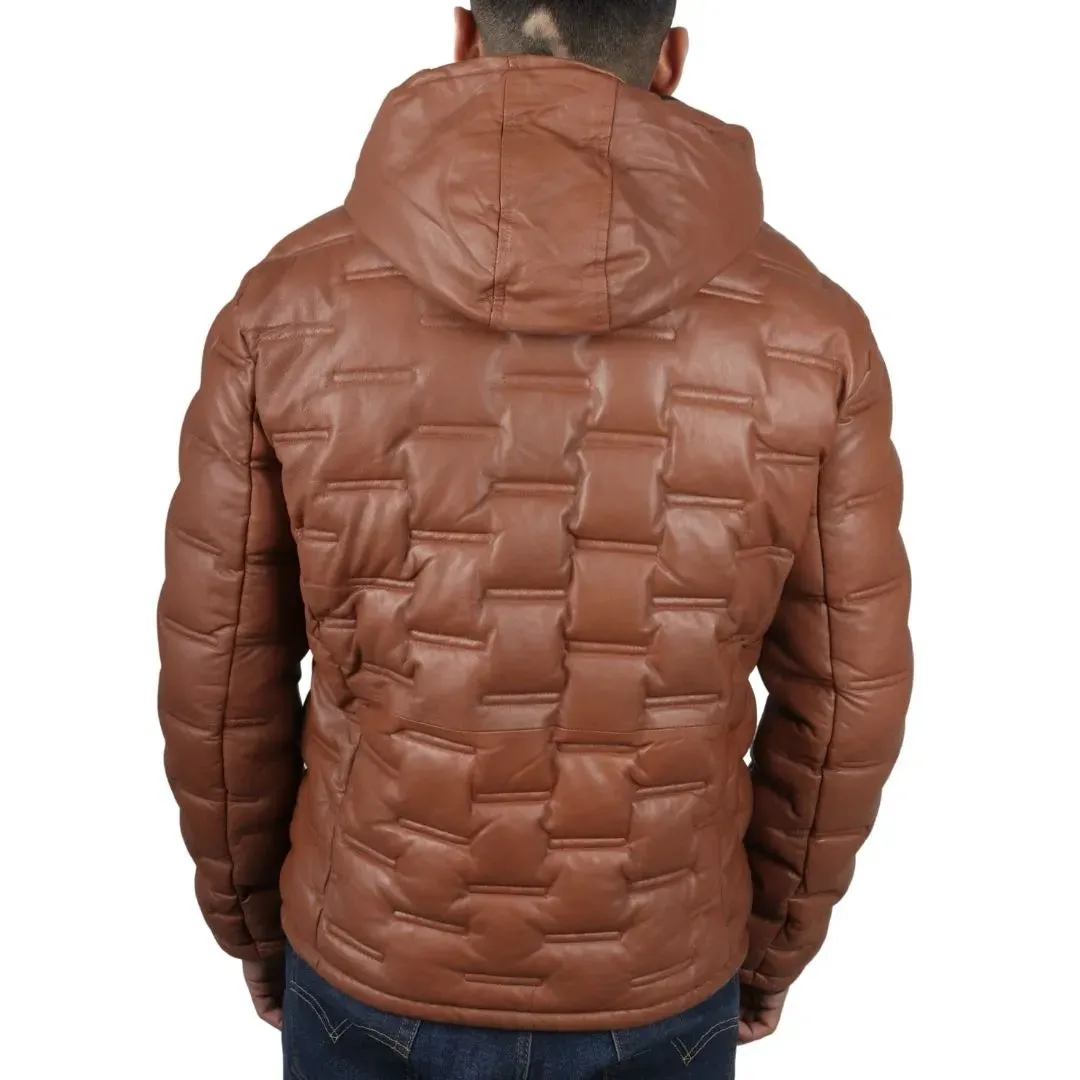 Men's Puffer Quilted Real Leather Hooded Jacket
