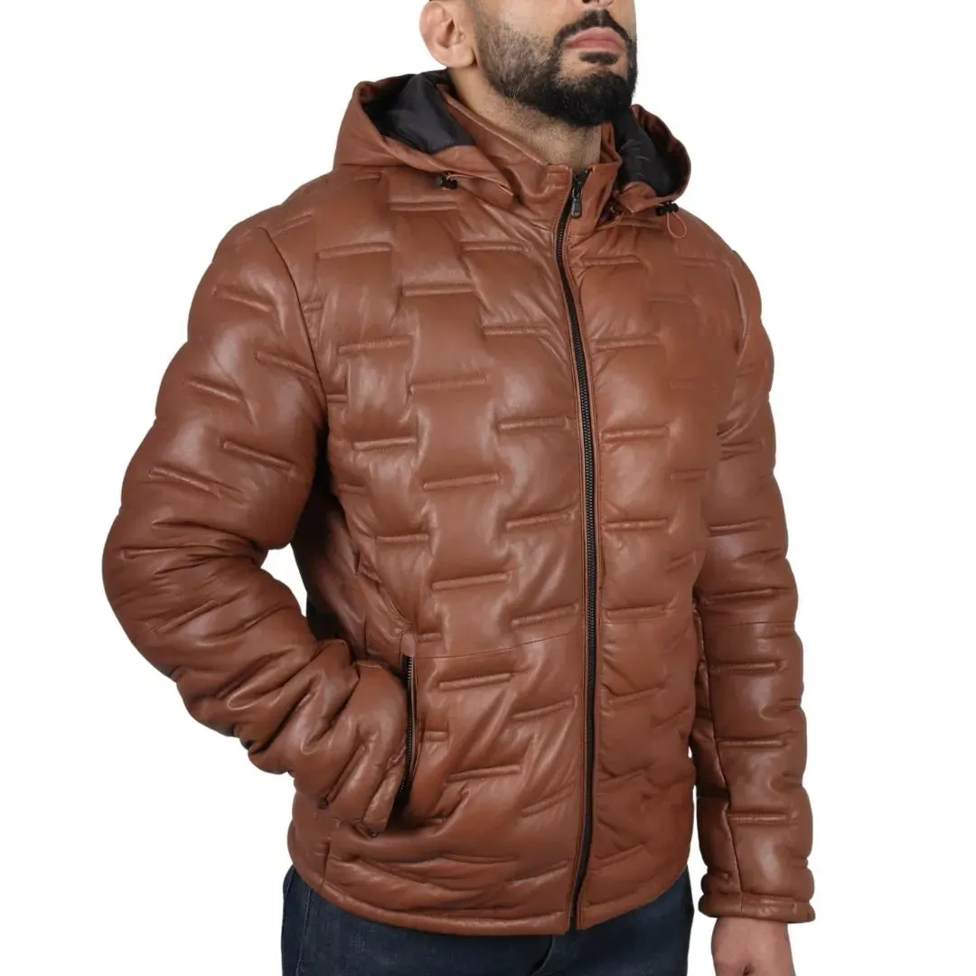 Men's Puffer Quilted Real Leather Hooded Jacket