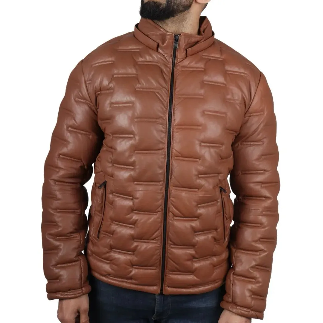 Men's Puffer Quilted Real Leather Hooded Jacket