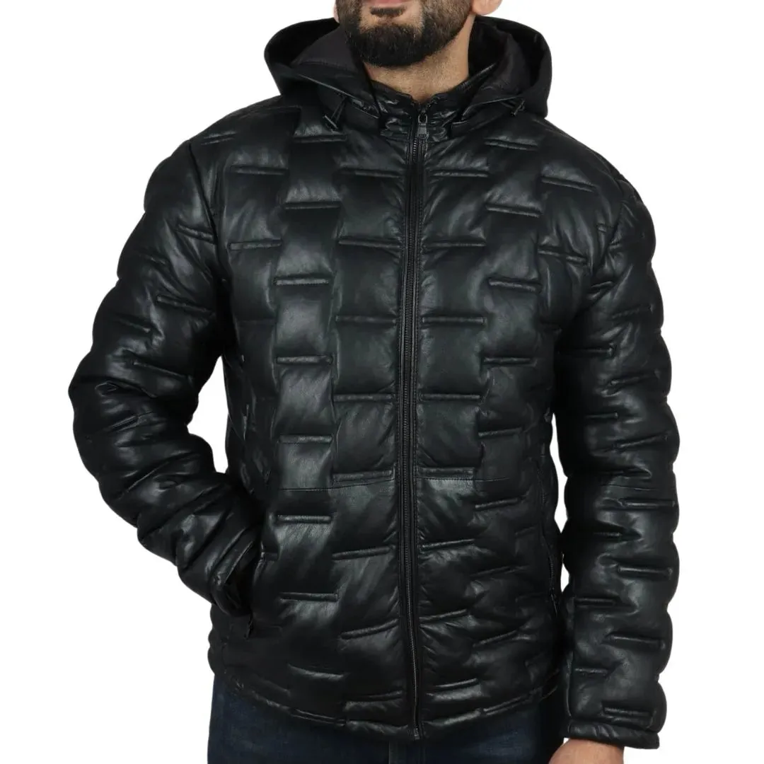 Men's Puffer Quilted Real Leather Hooded Jacket