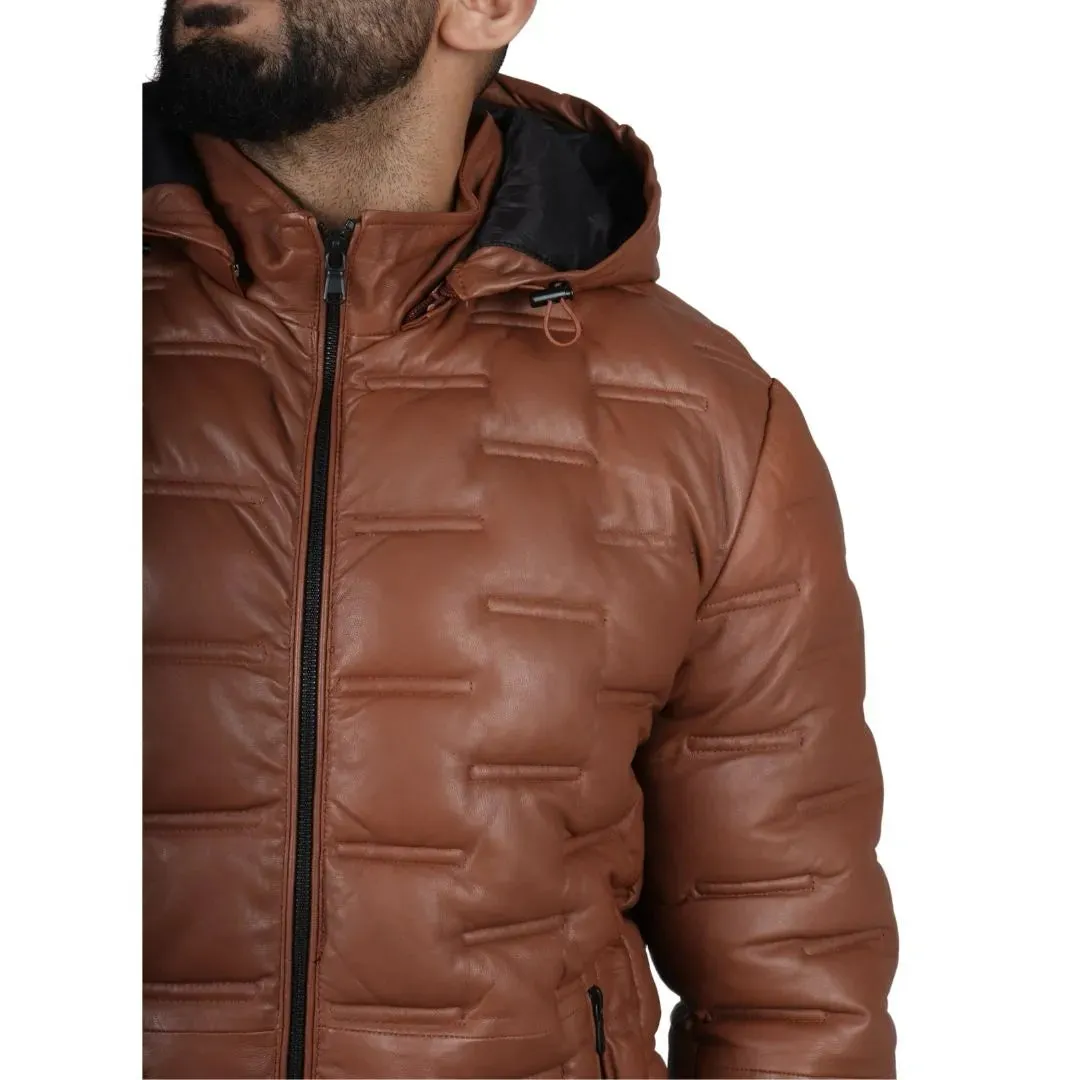 Men's Puffer Quilted Real Leather Hooded Jacket
