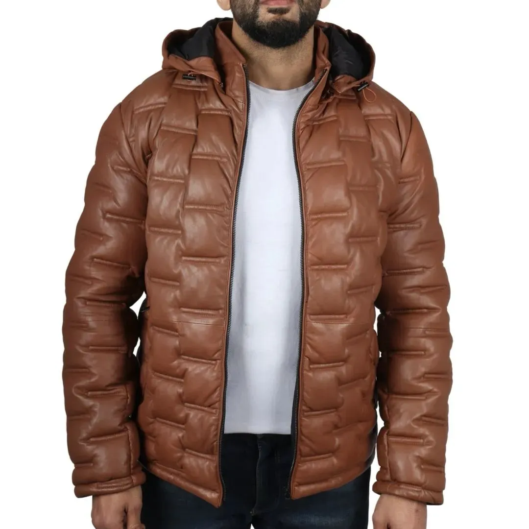 Men's Puffer Quilted Real Leather Hooded Jacket