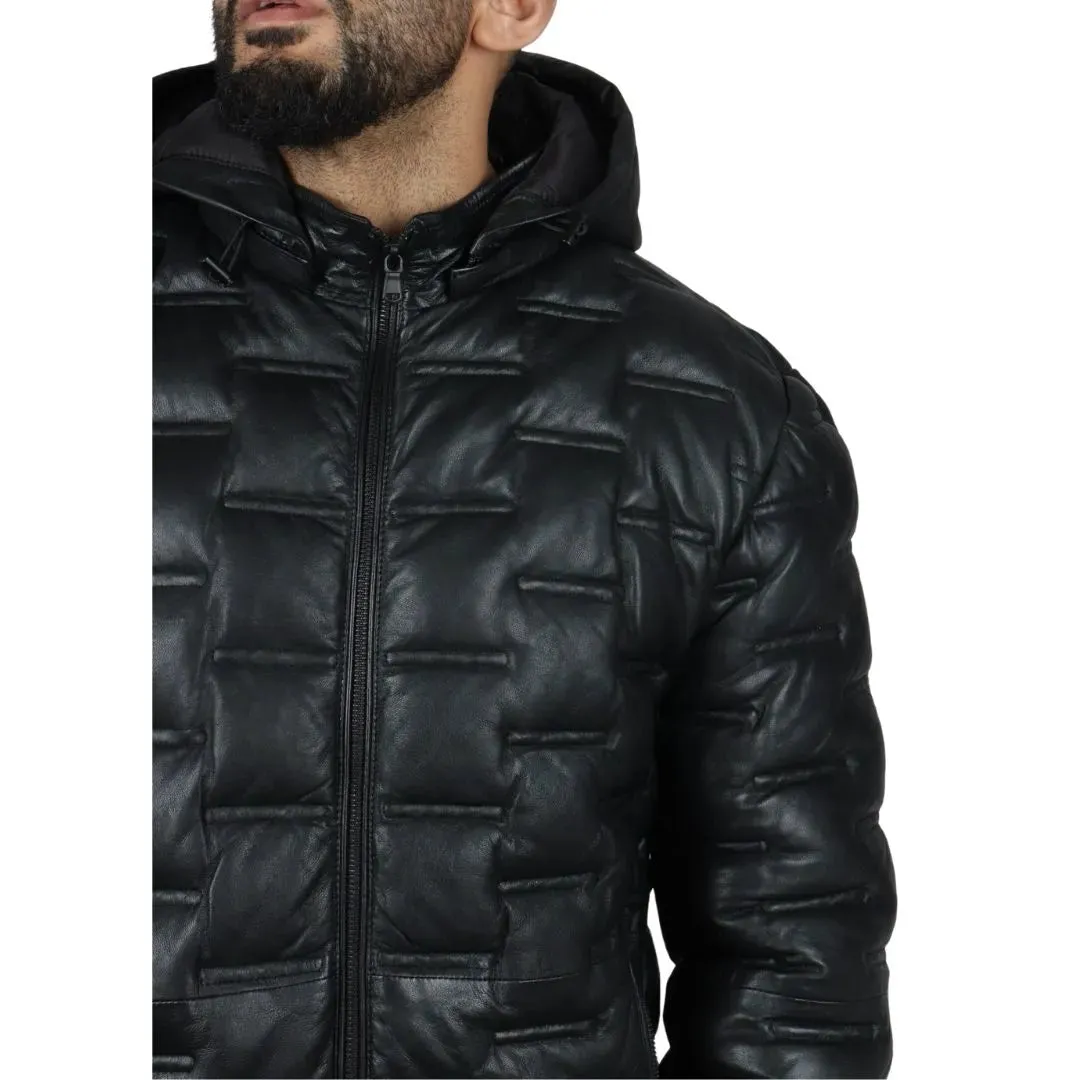 Men's Puffer Quilted Real Leather Hooded Jacket