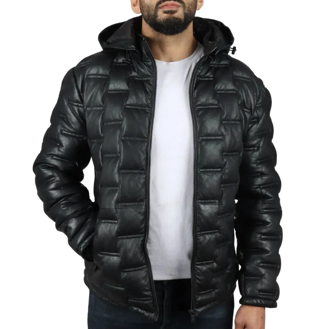 Men's Puffer Quilted Real Leather Hooded Jacket