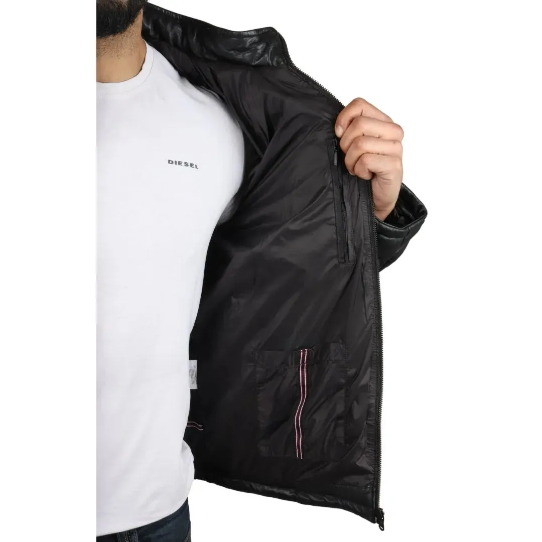 Men's Puffer Quilted Real Leather Hooded Jacket