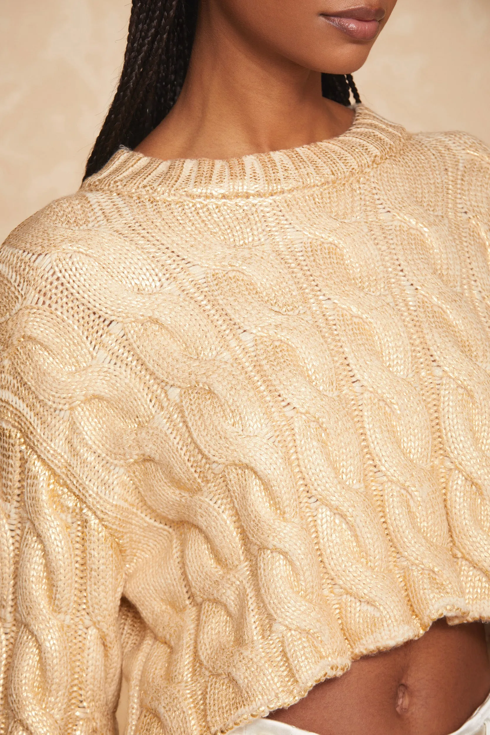 Metallic Cable Knit Sweater - Gold