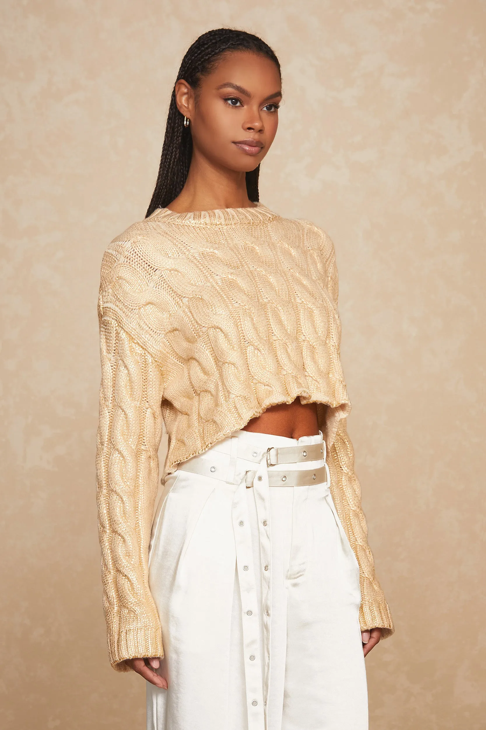 Metallic Cable Knit Sweater - Gold